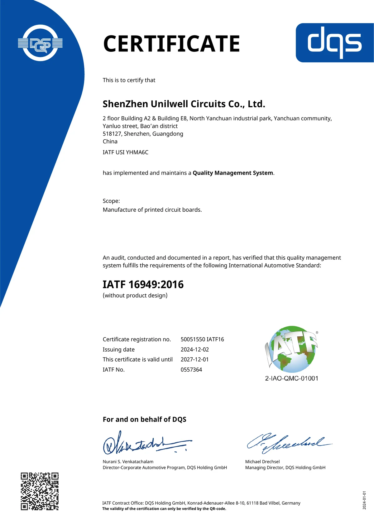 IATF 16949:2016 certificate — Shenzhen Uniwell