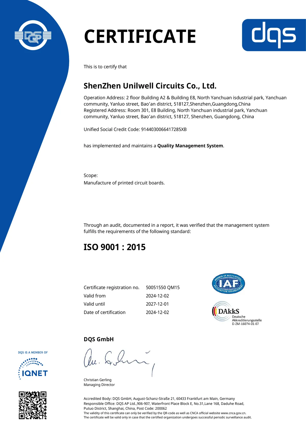 ISO 9001:2015 certificate — Shenzhen Uniwell