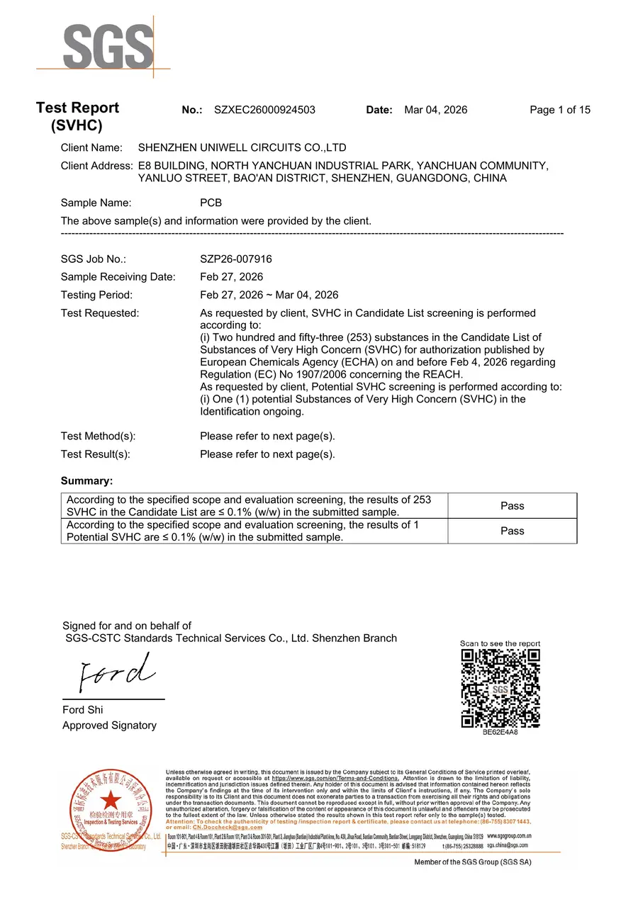 REACH (SVHC) certificate — Shenzhen Uniwell